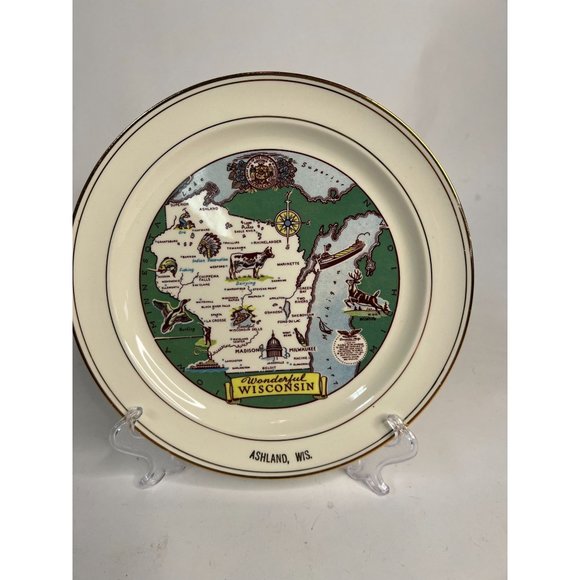Taylor Smith Taylor Ashland Wisconsin State Plate  9" Diameter white, green   Ce - Picture 1 of 16